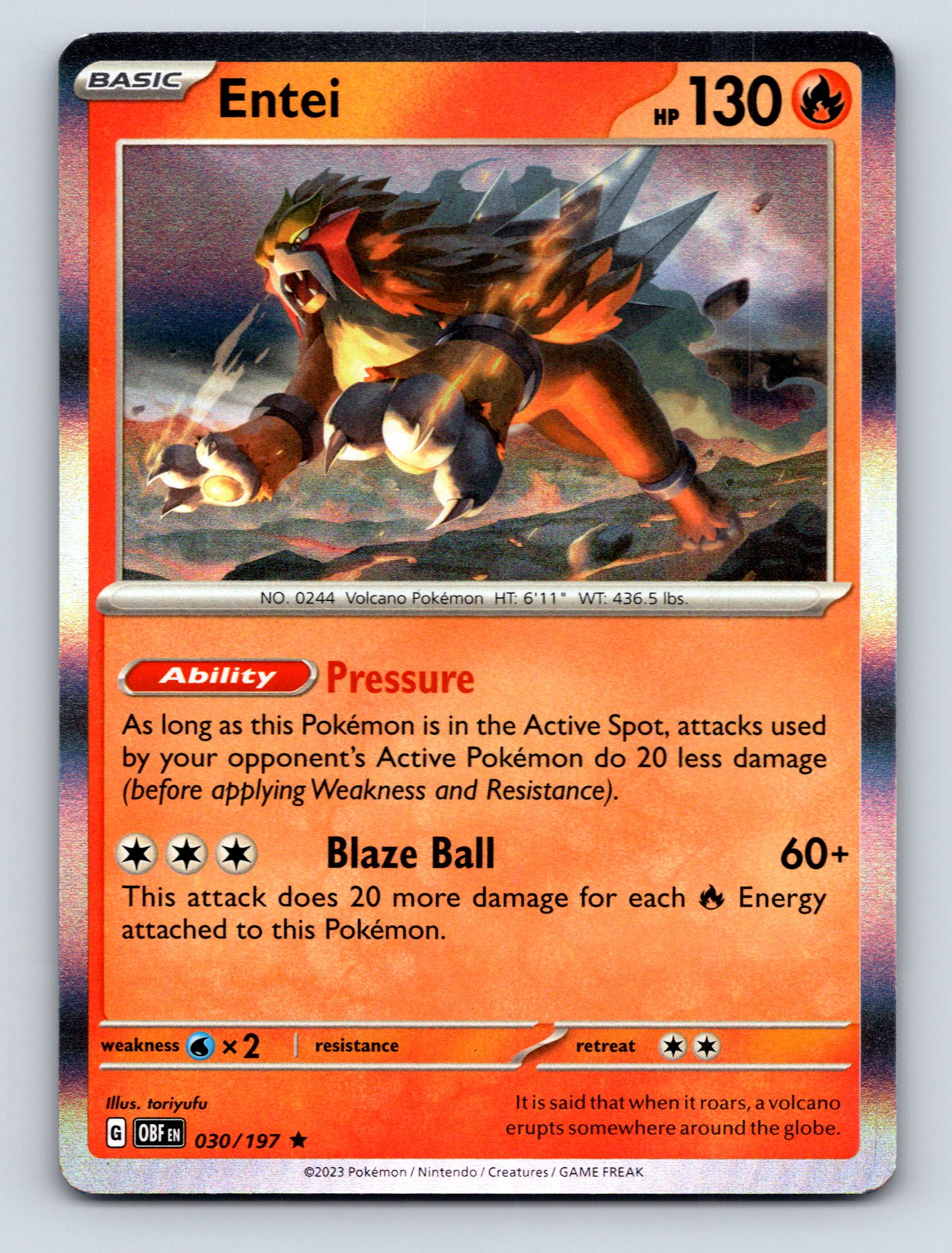Basic Entei HP 130 Blaze Ball Attack Rarity Red Fire Pokémon Card