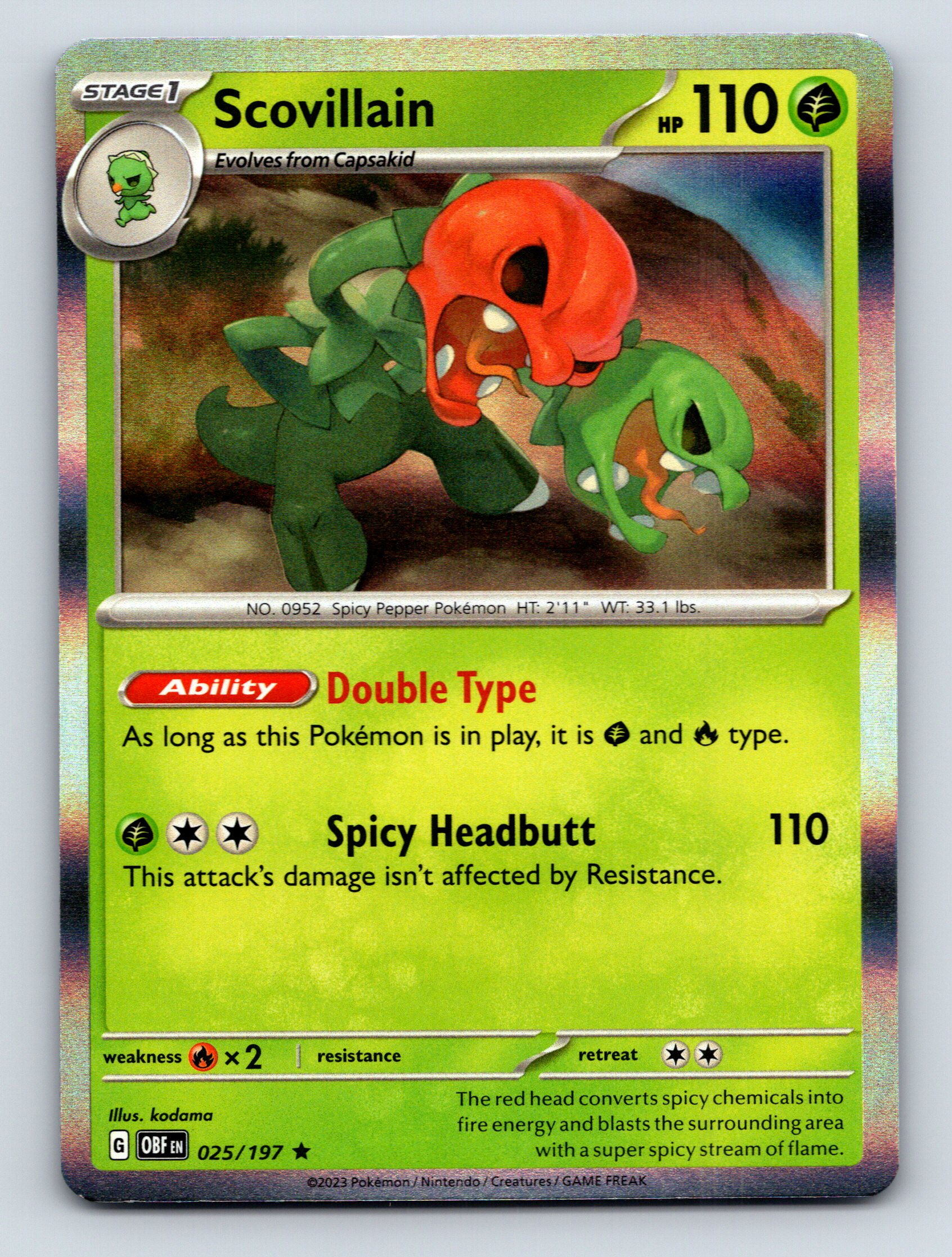 Stage 1 Scovillain HP 110 Spicy Headbutt Attack Green Pokémon Card