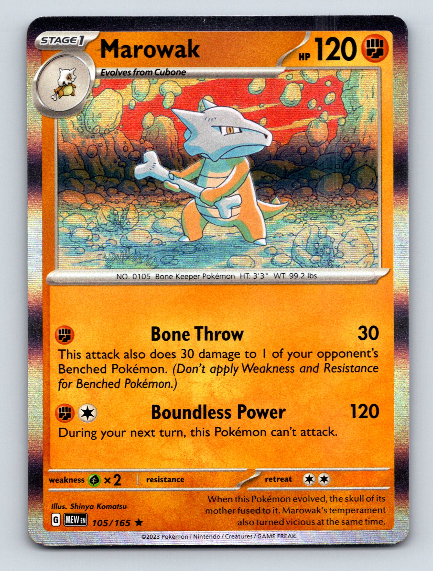 Stage 1 Marowak HP 120 Bone Throw Attack Rare Orange Creature
