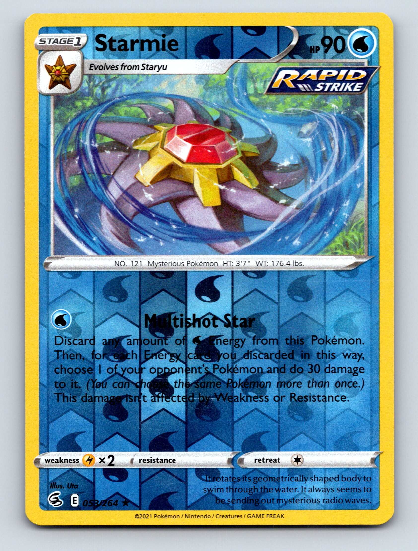 one star pokemon card Stage 1 Starmie HP 90 Multishot Star Attack Rarity Blue Colorful Pokémon