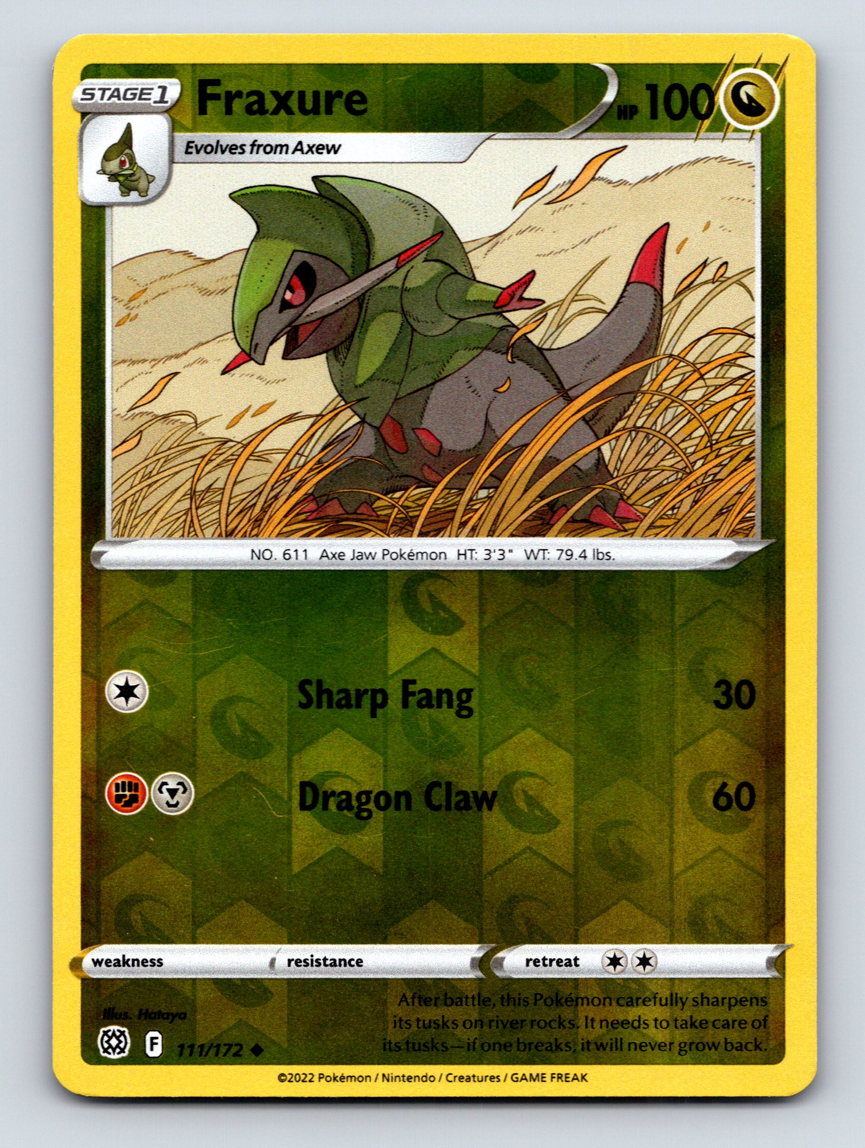 Stage 1 Fraxure HP 100 Dragon Claw Attack Rarity Green Pokémon - Picture 1 of 10