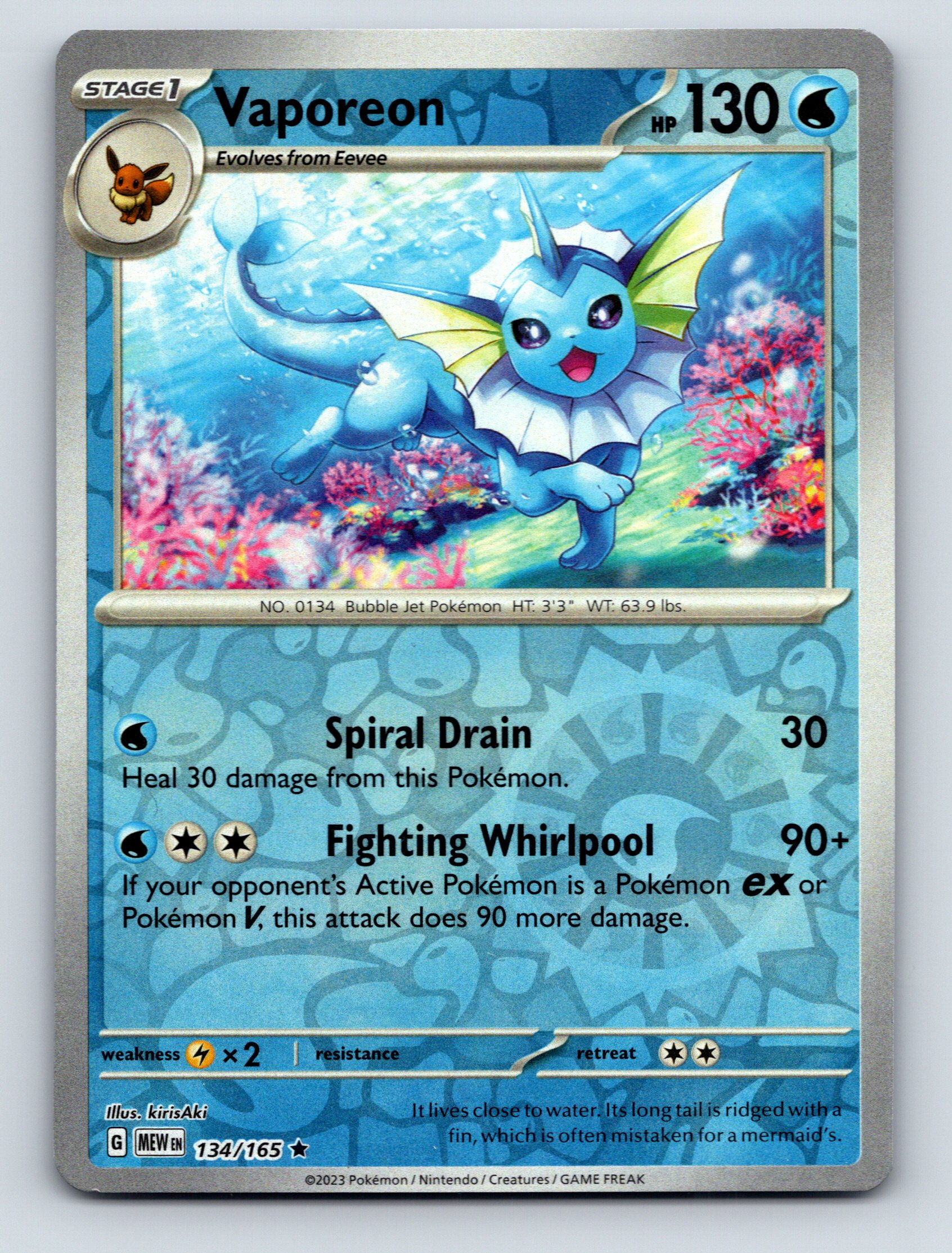 Stage 1 Vaporeon HP 130 Spiral Drain Attack Rarity Blue Colorful Pokémon - Picture 1 of 10