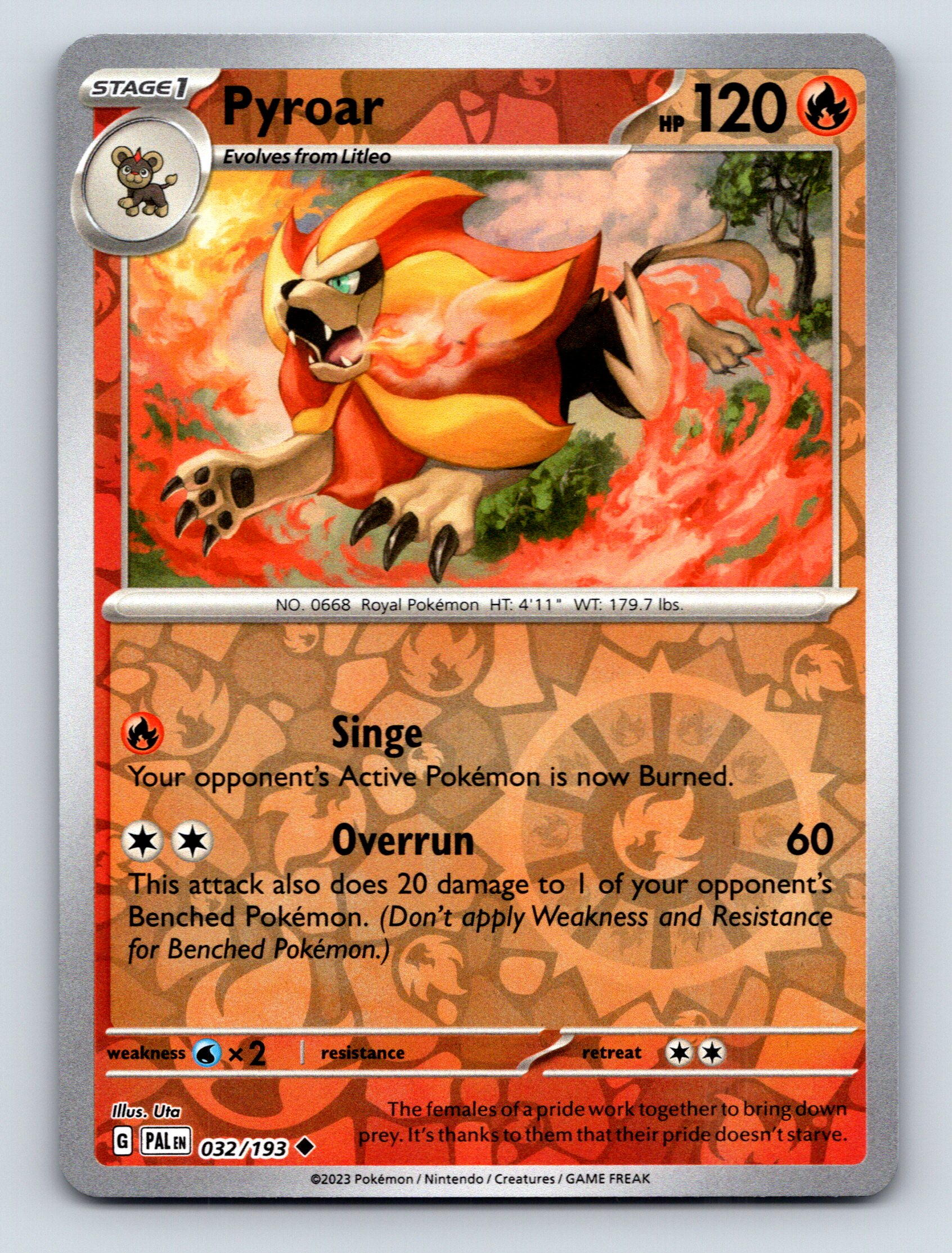 Stage 1 Pyroar HP 120 Singe Attack Power Rarity Fiery Pokémon Card
