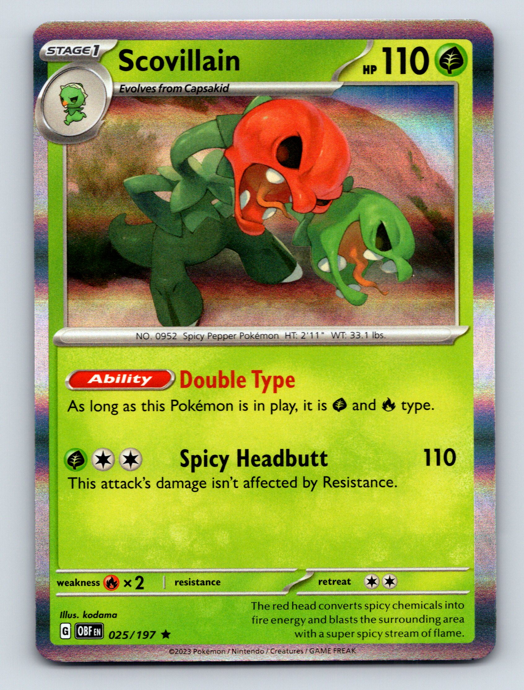 Stage 1 Scovillain HP 110 Spicy Headbutt Attack Green Pokémon Card