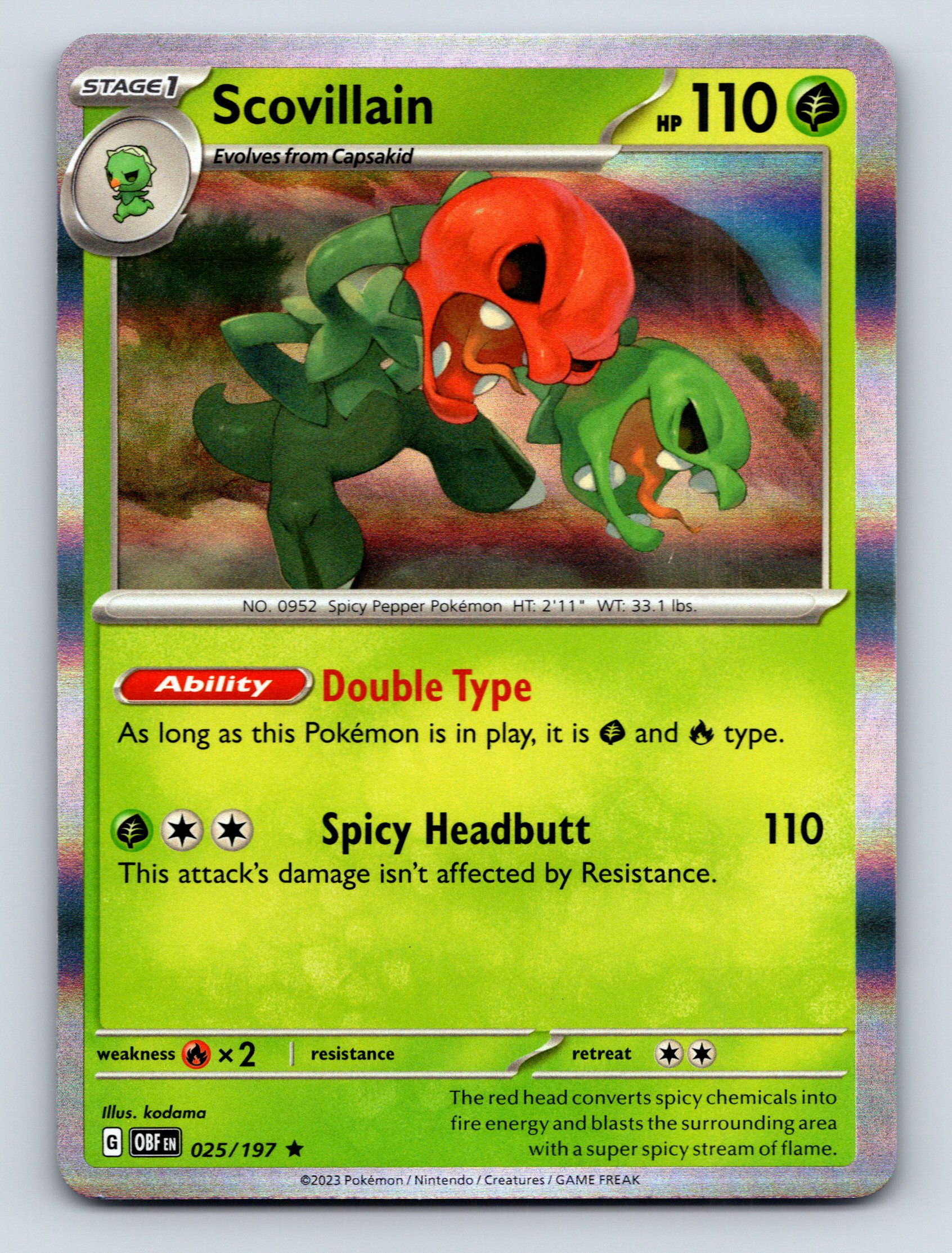 Stage 1 Scovillain HP 110 Spicy Headbutt Attack Grass Green