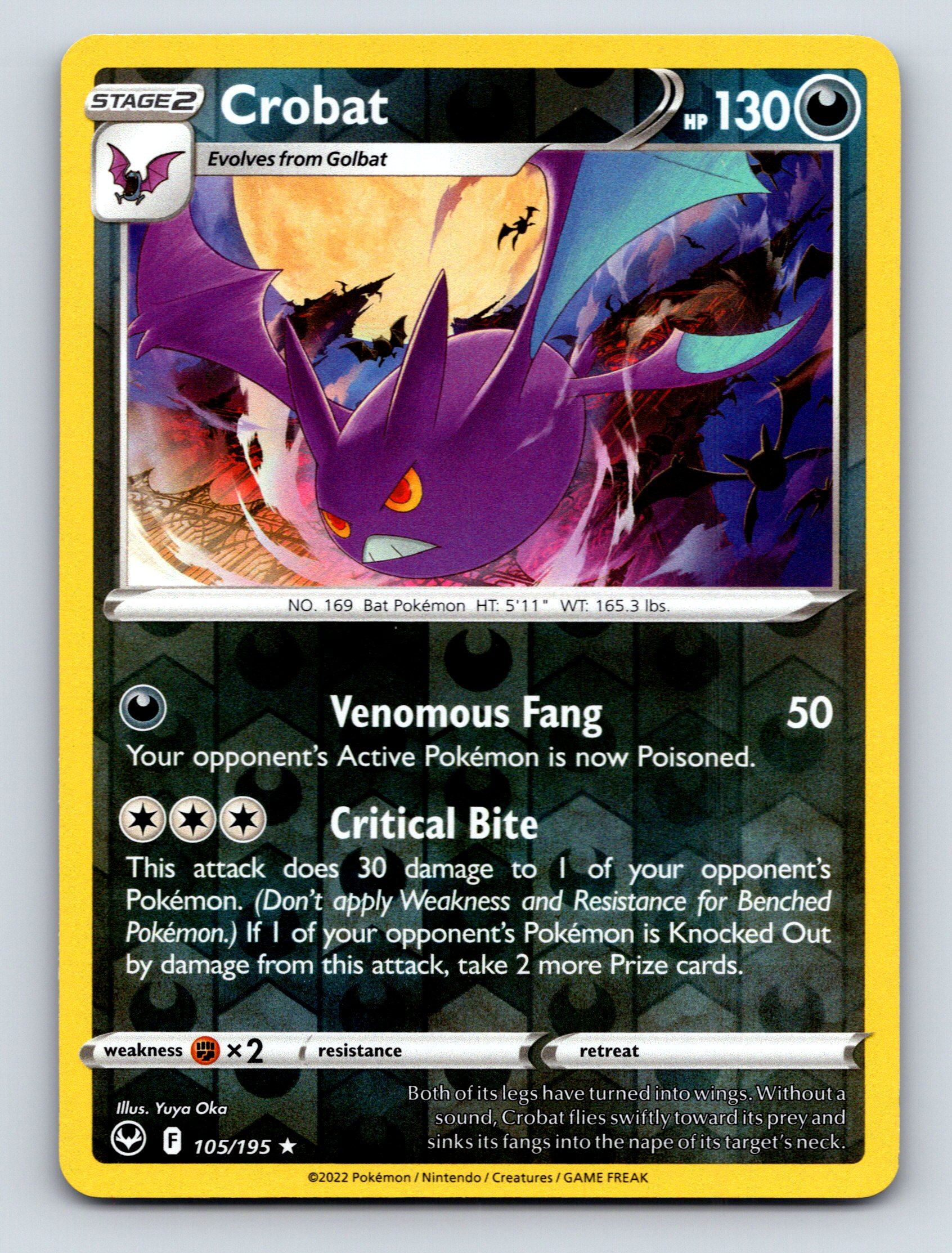 bat pokemon card Stage 2 Crobat HP 130 Venomous Fang Attack Rare Dark Night Pokémon