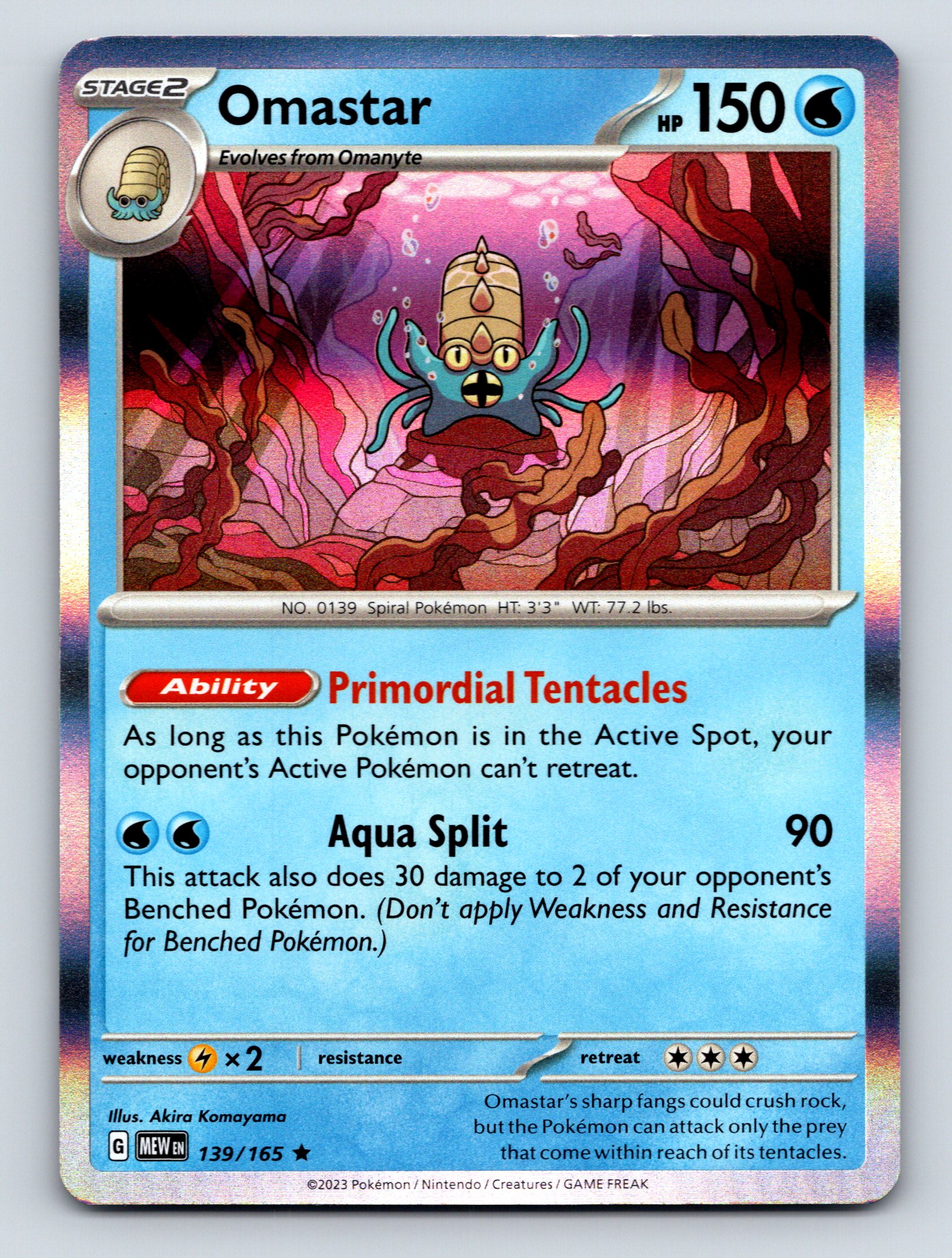 Stage 2 Omastar HP 150 Aqua Split Attack Rarity Blue Pokémon Card