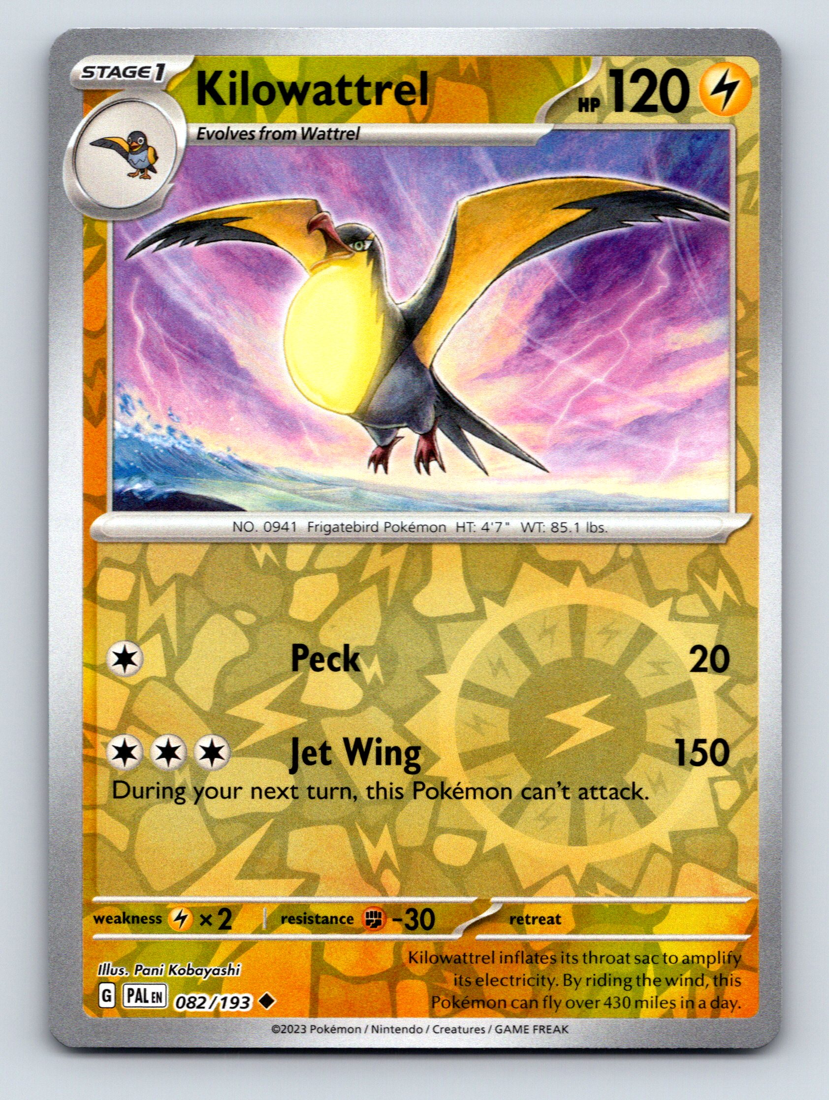 Stage 1 Kilowattrel HP 120 Jet Wing Attack Lightning Pokémon Card Yellow