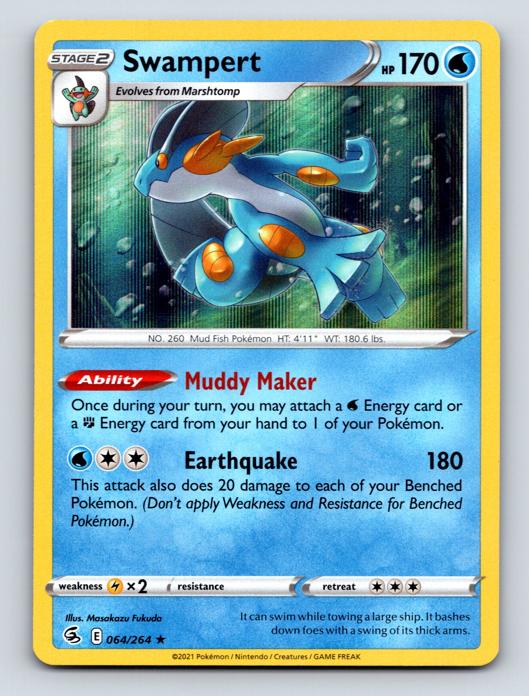 Stage 2 Swampert HP 170 Muddy Maker Earthquake Rarity Blue Pokémon