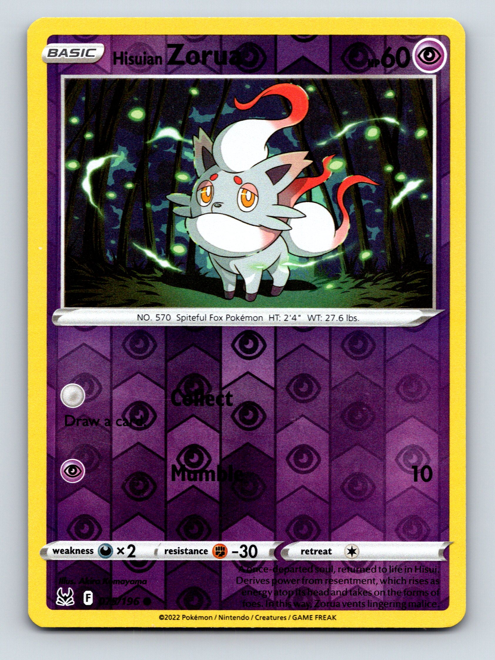 Basic Hisuian Zorua HP 60 Mumble Attack Rarity Purple Pokmon Card