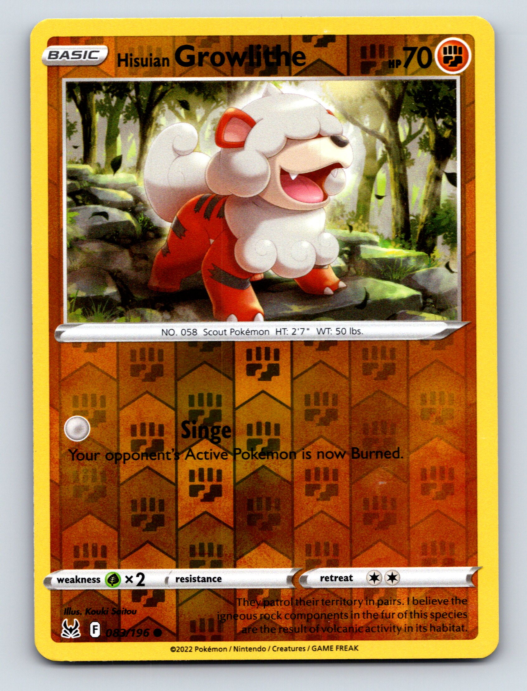 rare growlithe card Basic Hisuian Growlithe HP 70 Singe Attack Rare Brown Rugged Pokémon