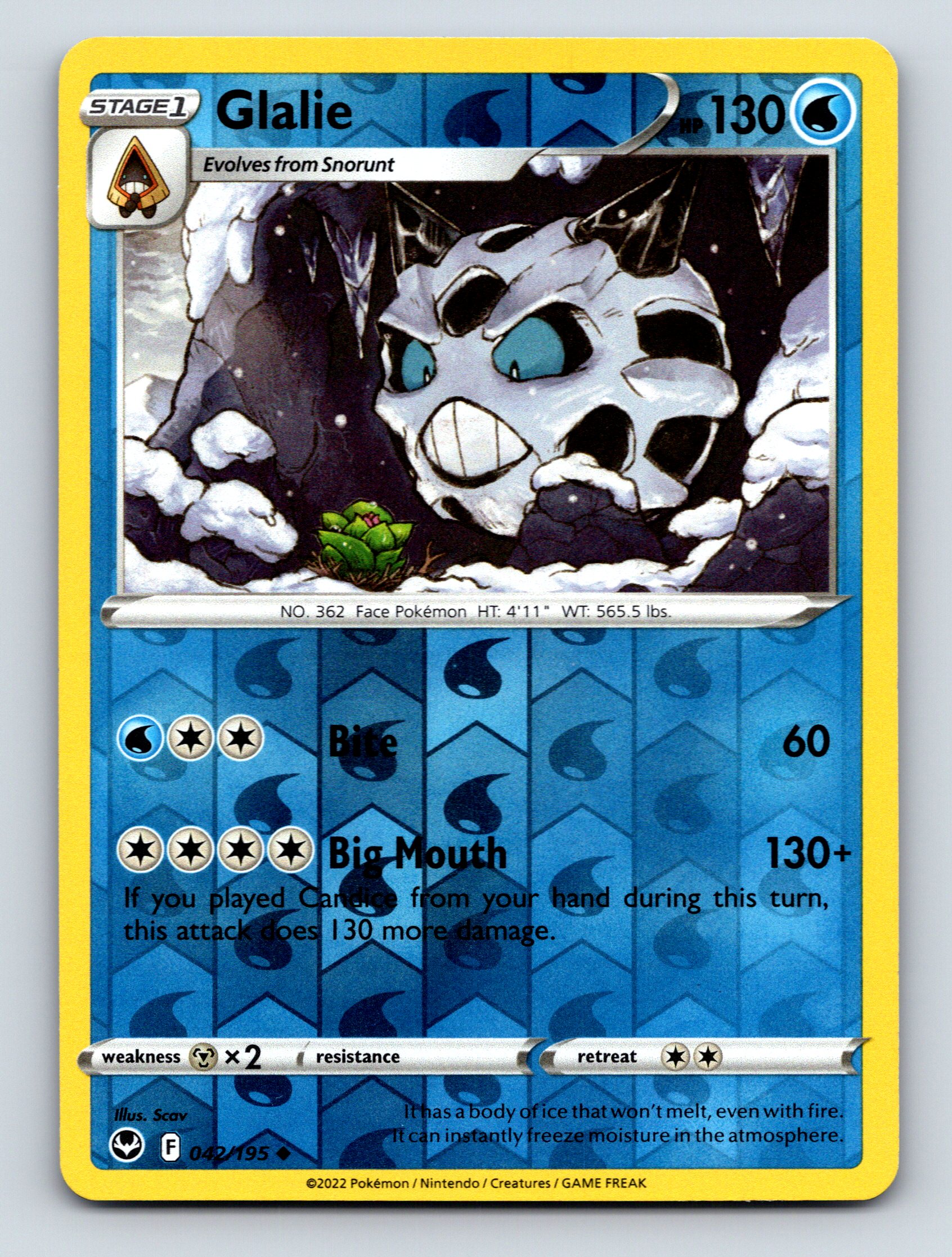 Stage 1 Glalie HP 130 Big Mouth Bite Rarity Blue Bold Pokémon Card