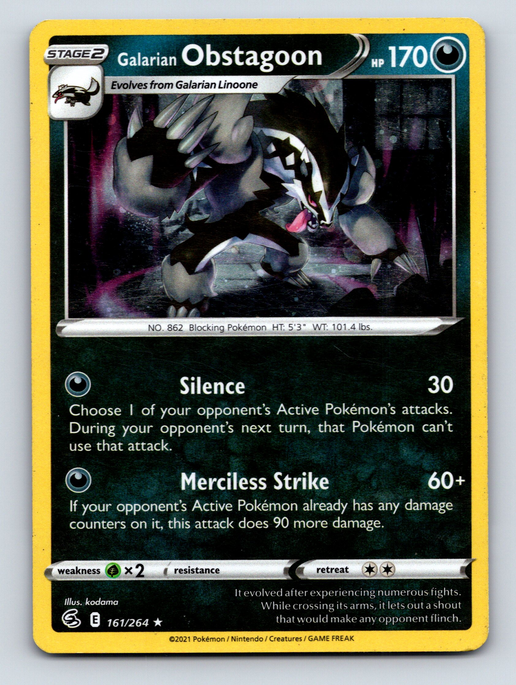 Stage 2 Galarian Obstagoon HP 170 Merciless Strike Dark Pokmon Card Stage 2 Galarian Obstagoon HP 170 Merciless Strike Dark Pokmon Card