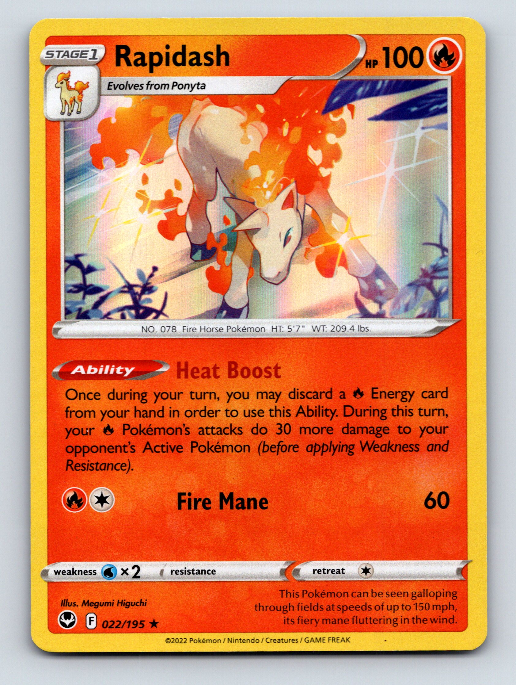 horse pokemon card Stage 1 Rapidash HP 100 Fire Mane Attack Rarity Orange Fiery Pokémon Rare Card Type Pokemon M Horse EX