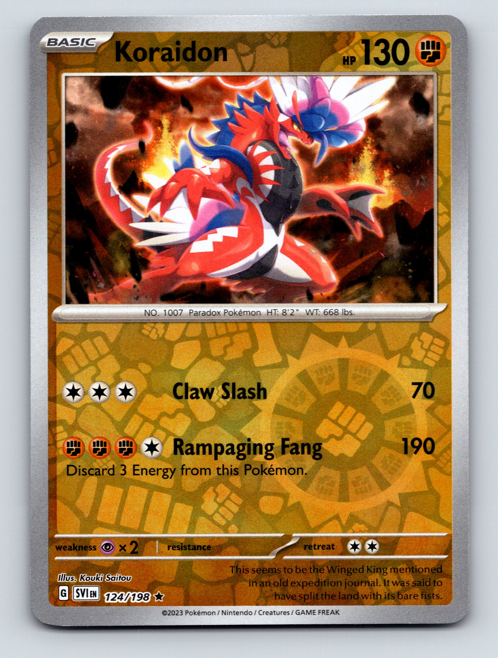 1000 hp pokemon card Basic Koraidon HP 130 Claw Slash Rampaging Fang Rarity Red Powerful Pokémon