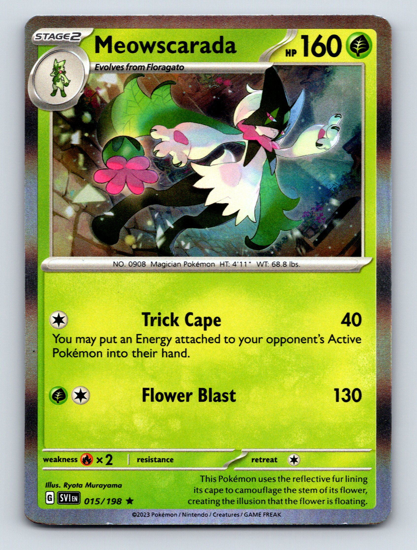 flower pokemon cards Stage 2 Meowscarada HP 160 Flower Blast Attack Green Pokémon Card Elegant