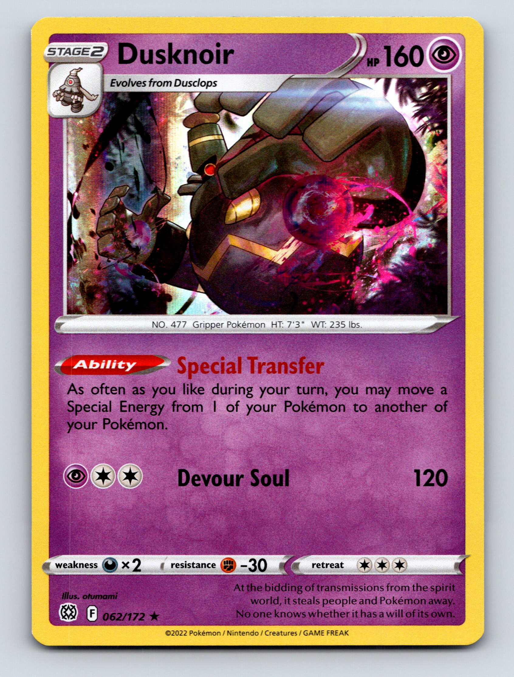 Stage 2 Dusknoir HP 160 Devour Soul Attack Special Rarity Purple