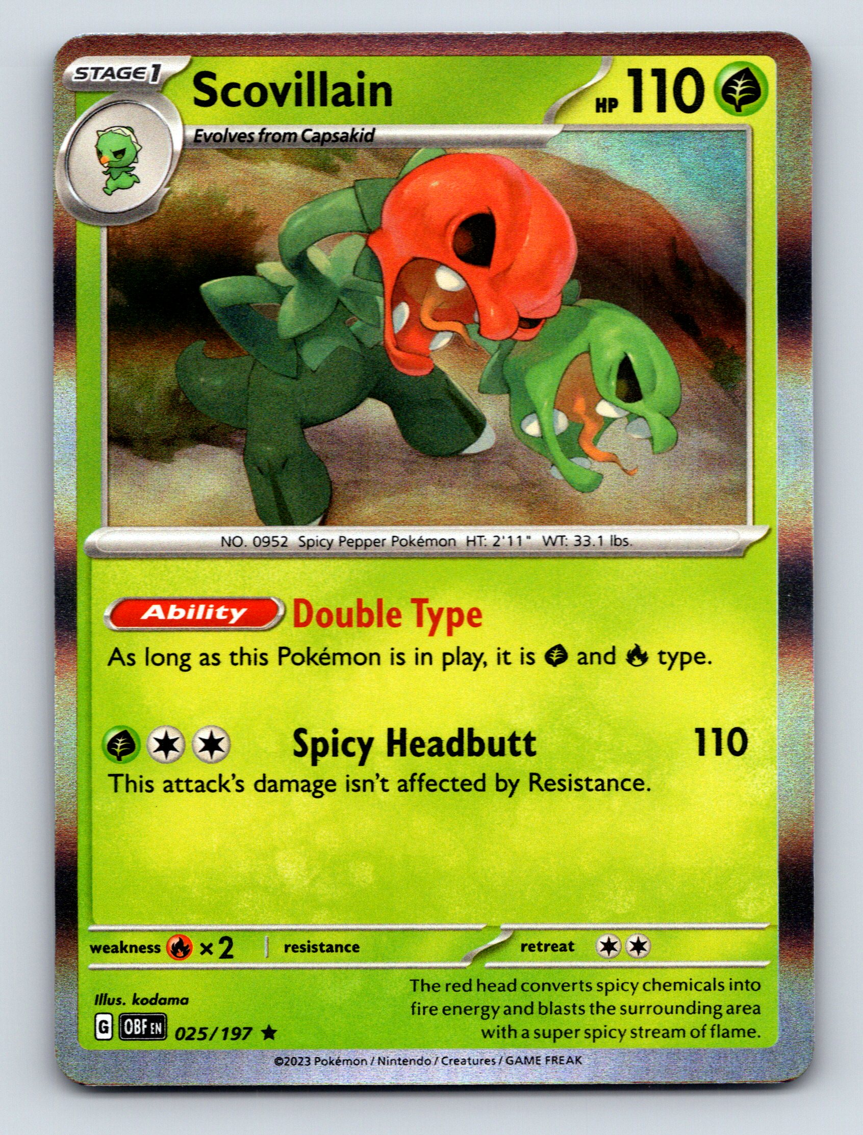 Stage 1 Scovillain HP 110 Spicy Headbutt Attack Green Pokémon Card