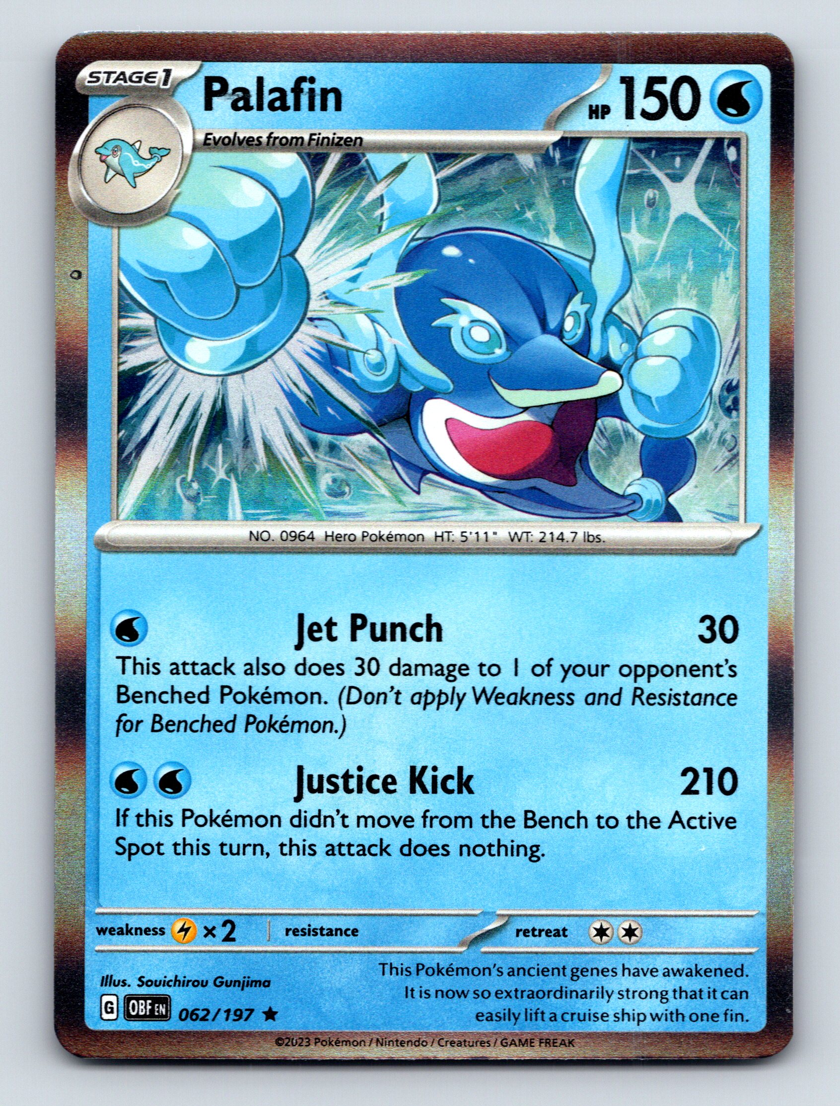ポケモンバトル HP150 Stage 1 Palafin HP 150 Jet Punch Attack Blue Heroic Pokémon Card
