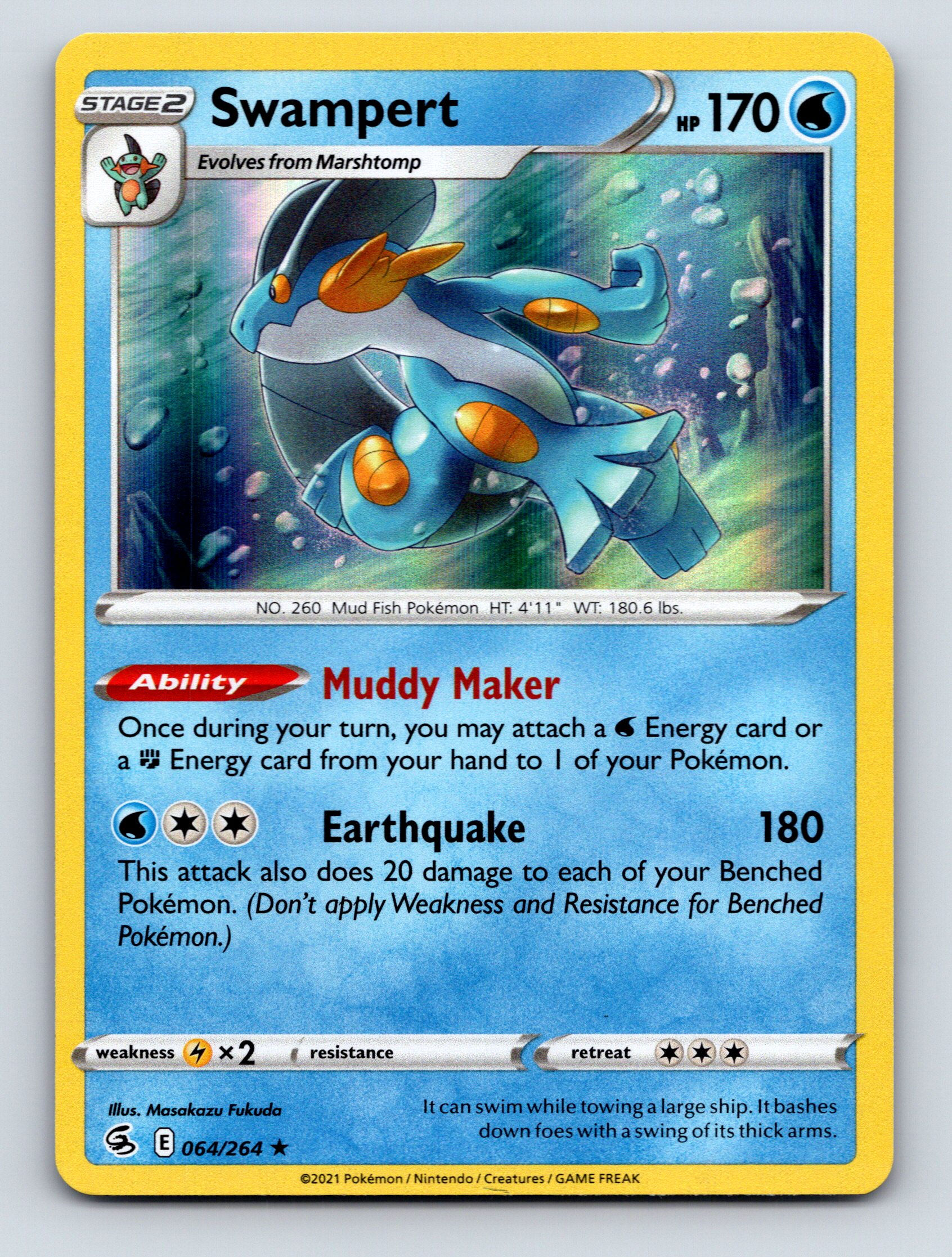 Stage 2 Swampert HP 170 Muddy Maker Earthquake Rarity Blue Pokémon