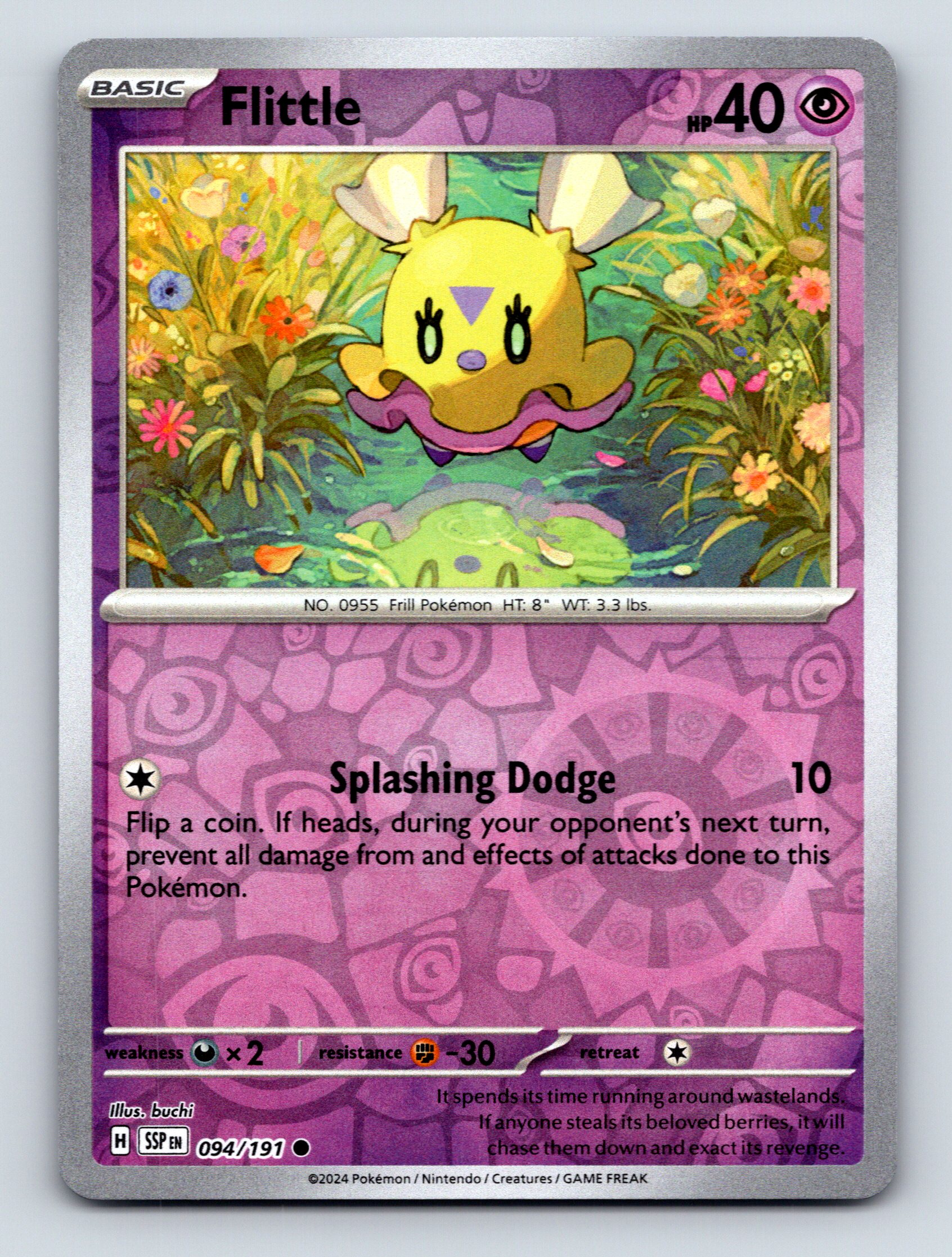 Basic Flittle HP 40 Splashing Dodge Pokémon Card Purple Frill