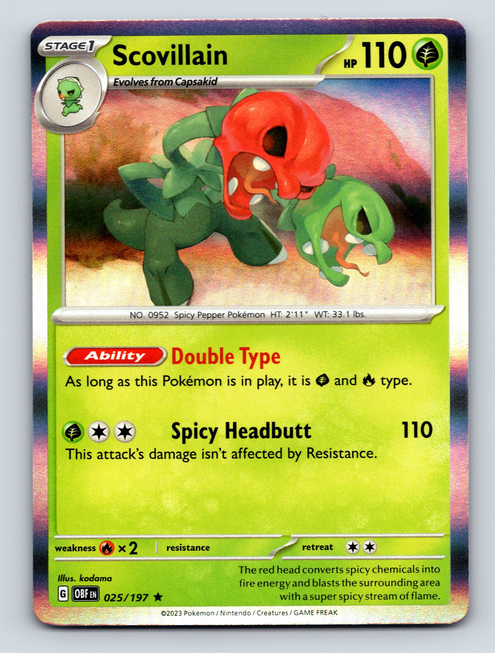 Stage 1 Scovillain HP 110 Spicy Headbutt Attack Rarity Green