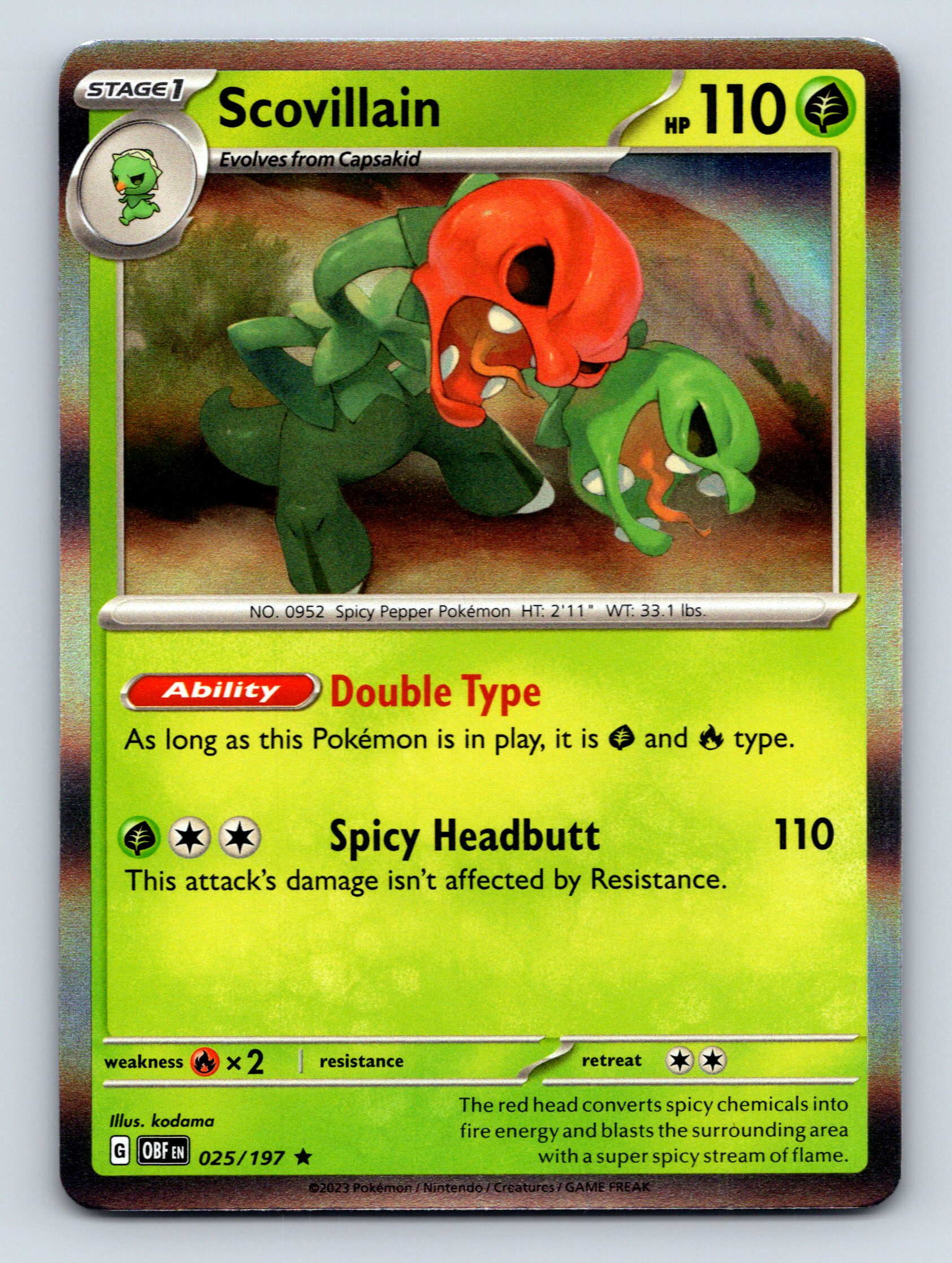 Stage 1 Scovillain HP 110 Spicy Headbutt Attack Rarity Green