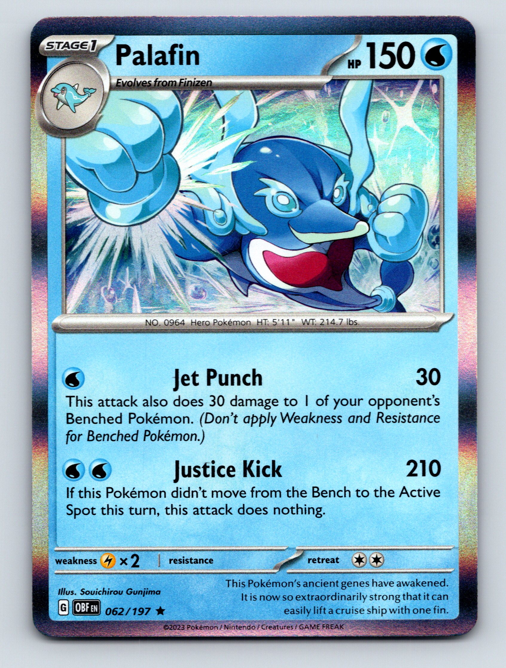 ポケモンバトル HP150 Stage 1 Palafin HP 150 Jet Punch Justice Kick Rare Blue Pokémon