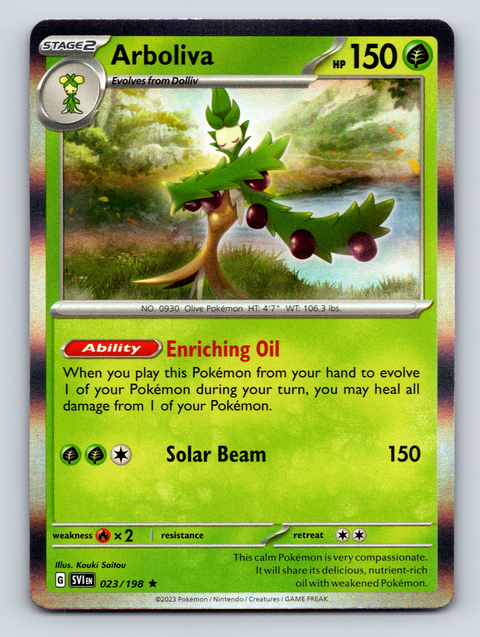 Stage 2 Arboliva HP 150 Enriching Oil Solar Beam Green Pokémon Card