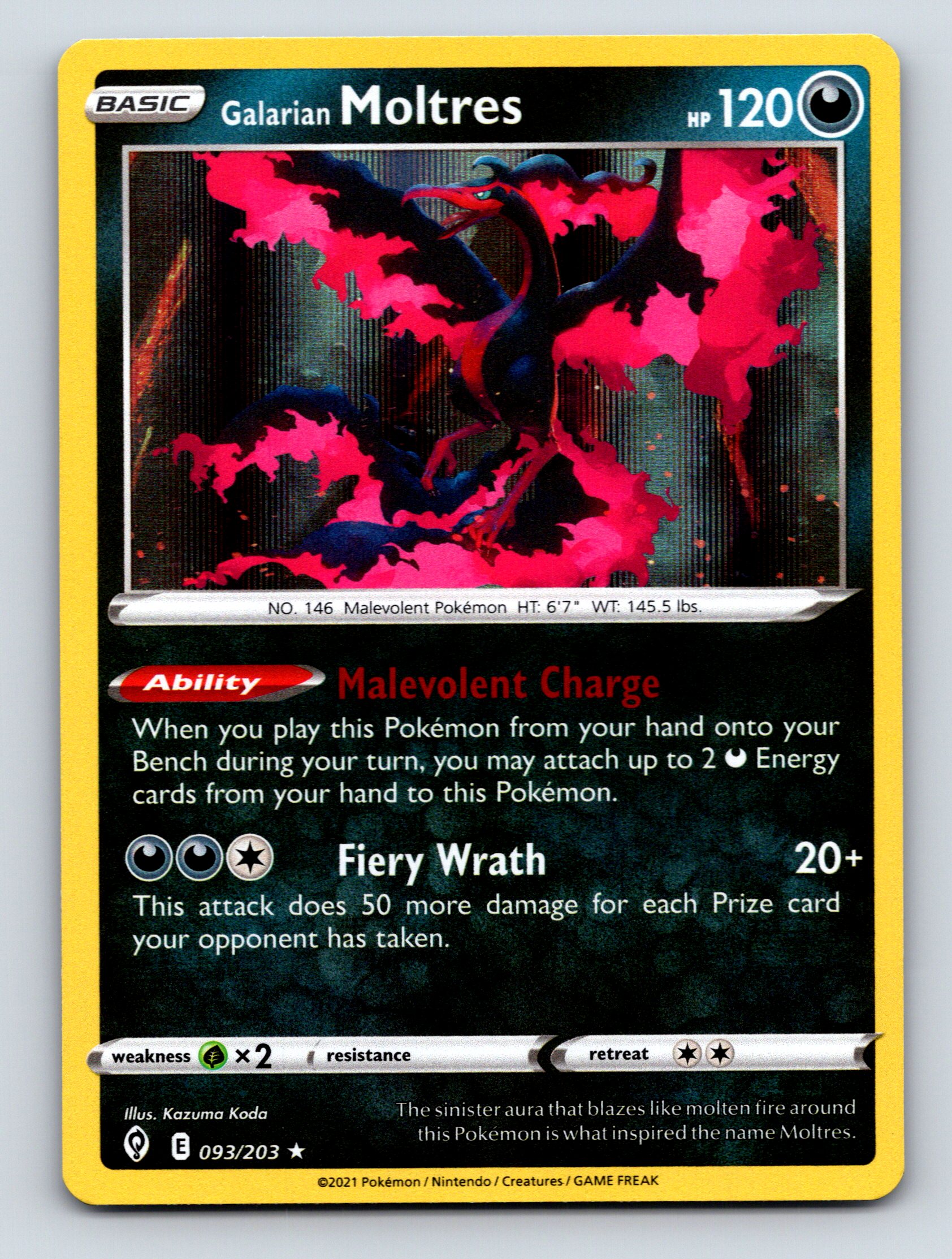 Basic Galarian Moltres HP 120 Fiery Wrath Attack Rare Dark Pokémon