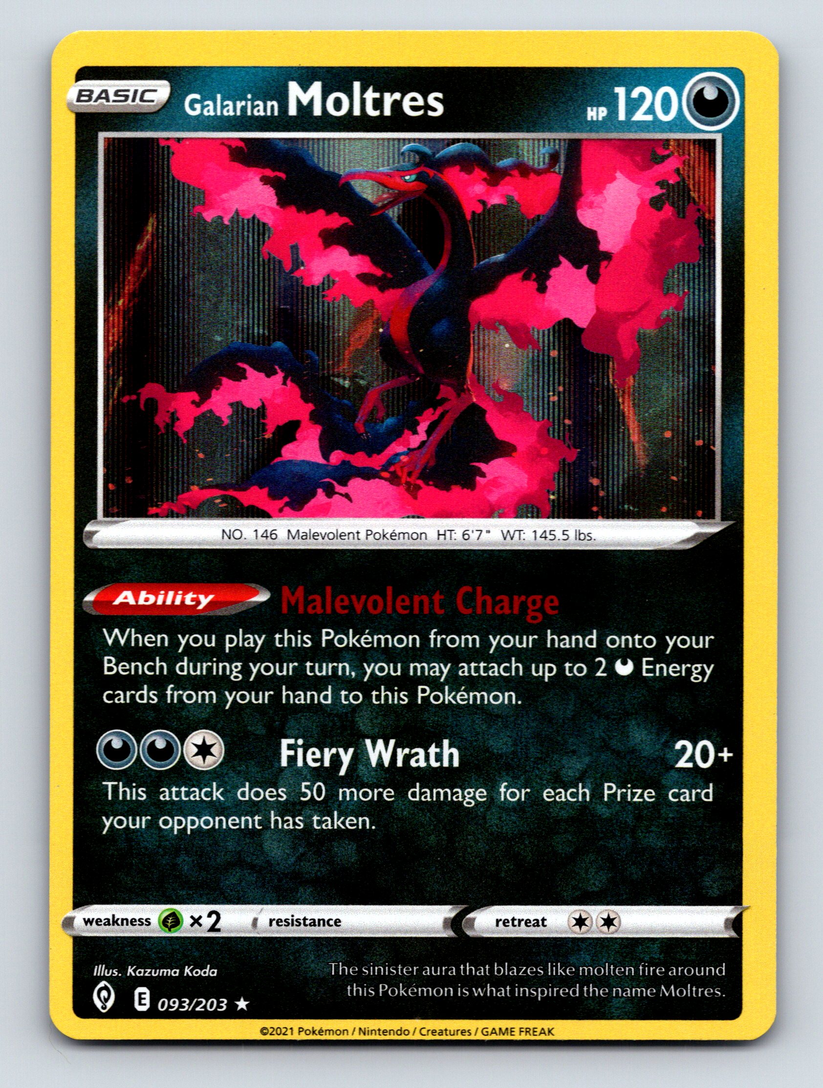 Basic Galarian Moltres HP 120 Fiery Wrath Attack Black Red Pokémon