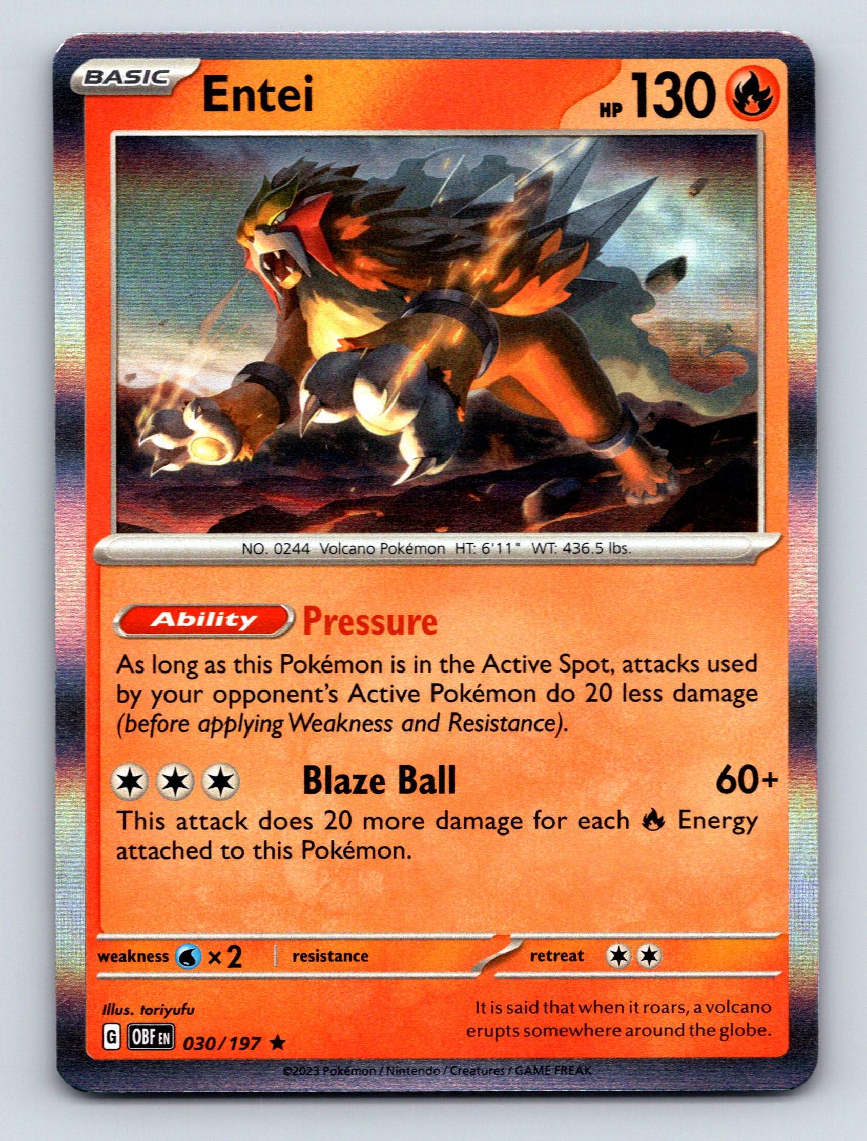 pokemon card fire Basic Entei HP 130 Blaze Ball Attack Fire Rarity Red Pokémon Card