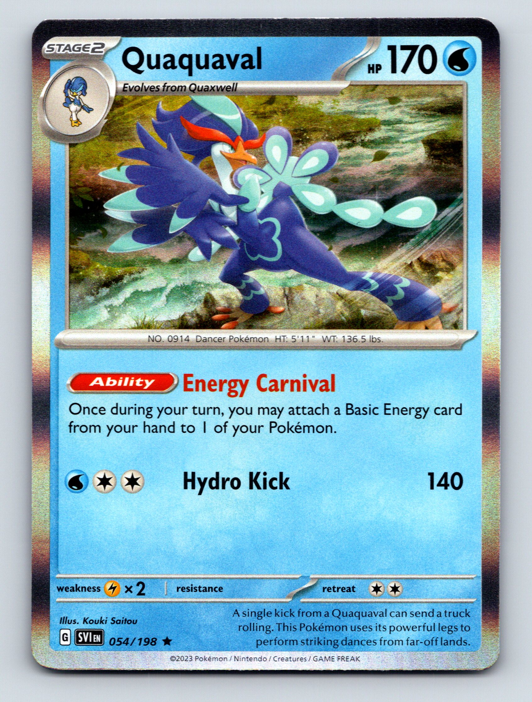 Stage 2 Quaquaval HP 170 Energy Carnival Ability Hydro Kick Attack Blue  Pokmon | eBay