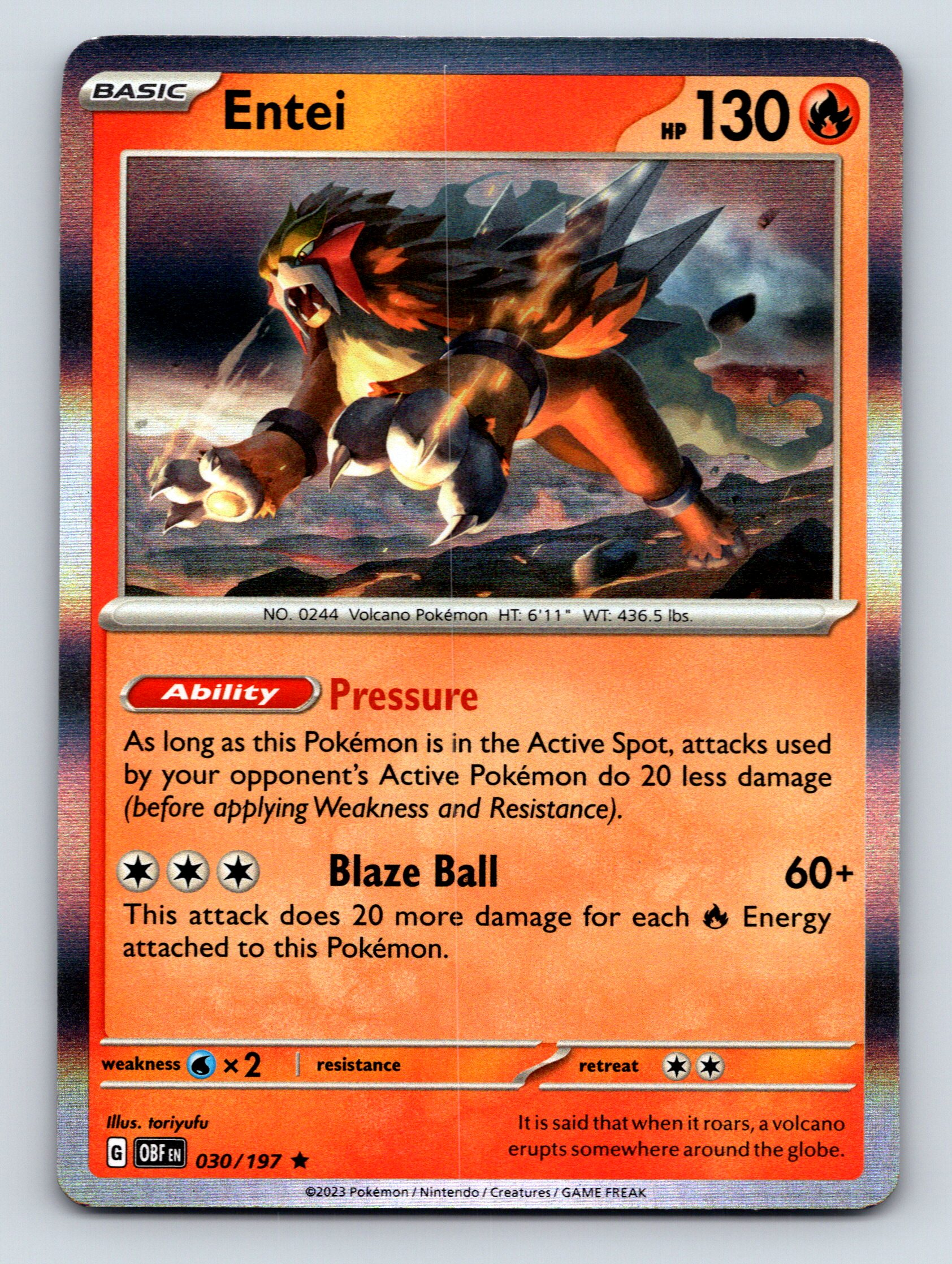 Basic Entei HP 130 Blaze Ball Attack Ability Pressure Red Pokémon