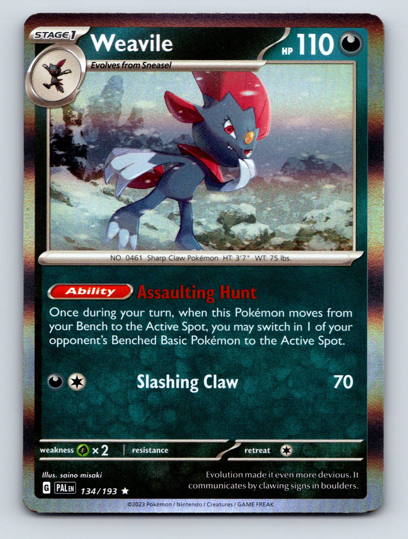Stage 1 Weavile HP 110 Sharp Claw Assaulting Hunt Ability Gray Black Pokmon
