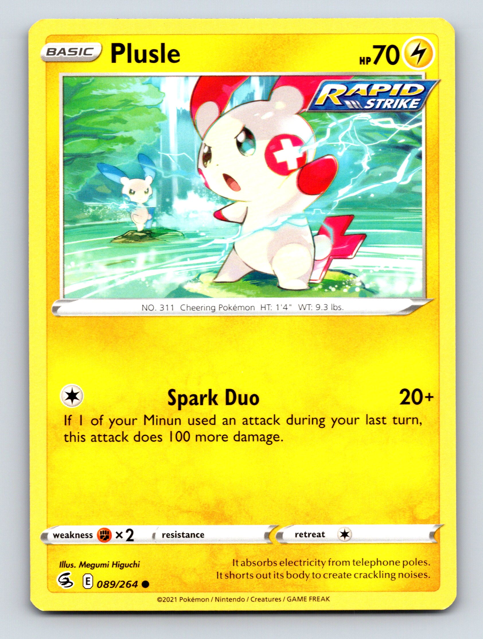 Basic Plusle HP 70 Rapid Strike Spark Duo Attack Yellow Pokmon Card Basic Plusle HP 70 Rapid Strike Spark Duo Attack Yellow Pokmon Card