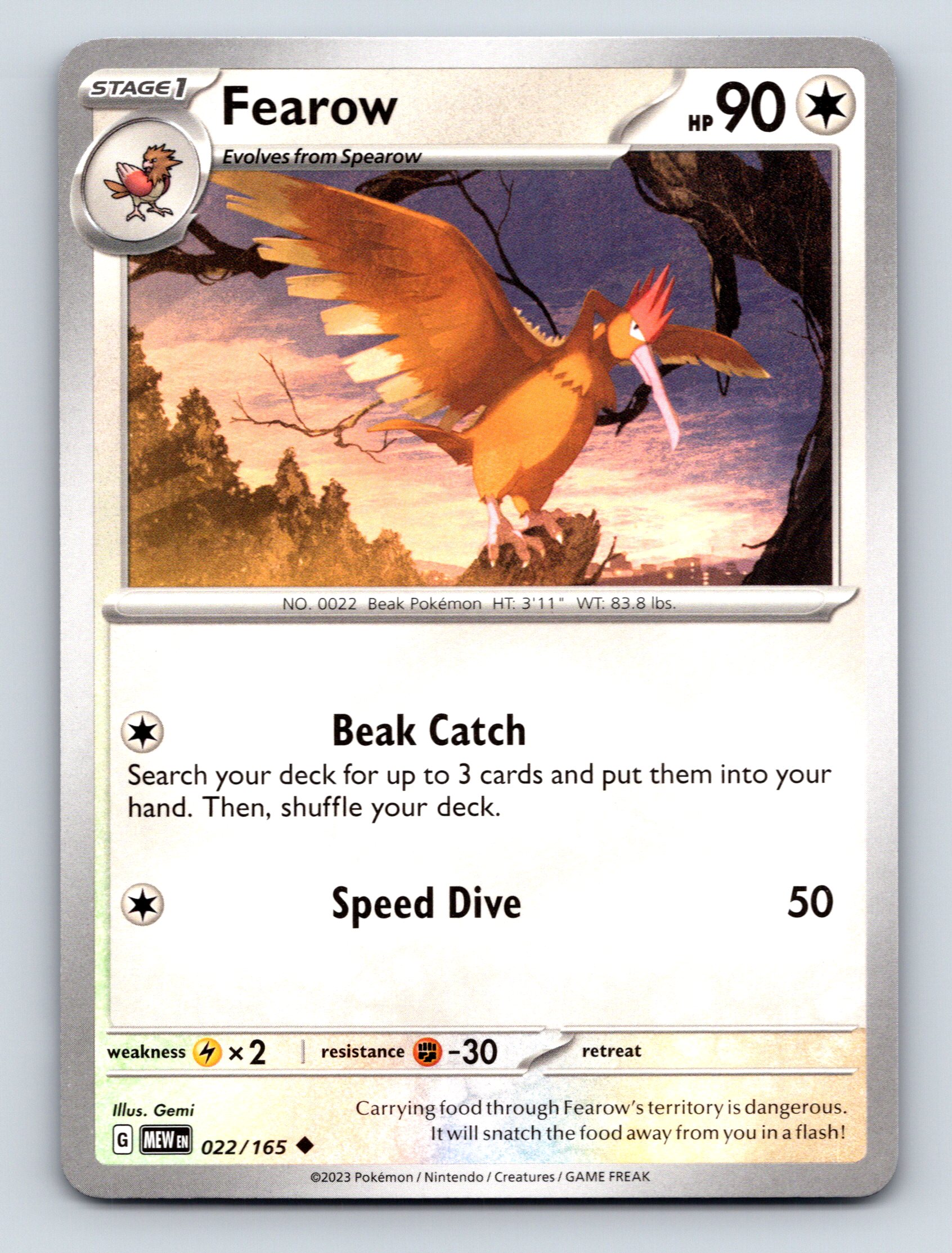 Stage 1 Fearow HP 90 Beak Catch Speed Dive Rarity Colorless
