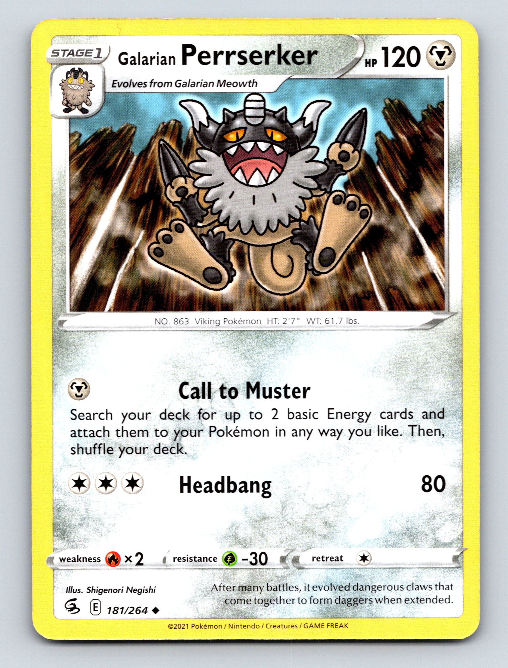 Stage 1 Galarian Perrserker HP 120 Headbang Attack Pokémon Grey