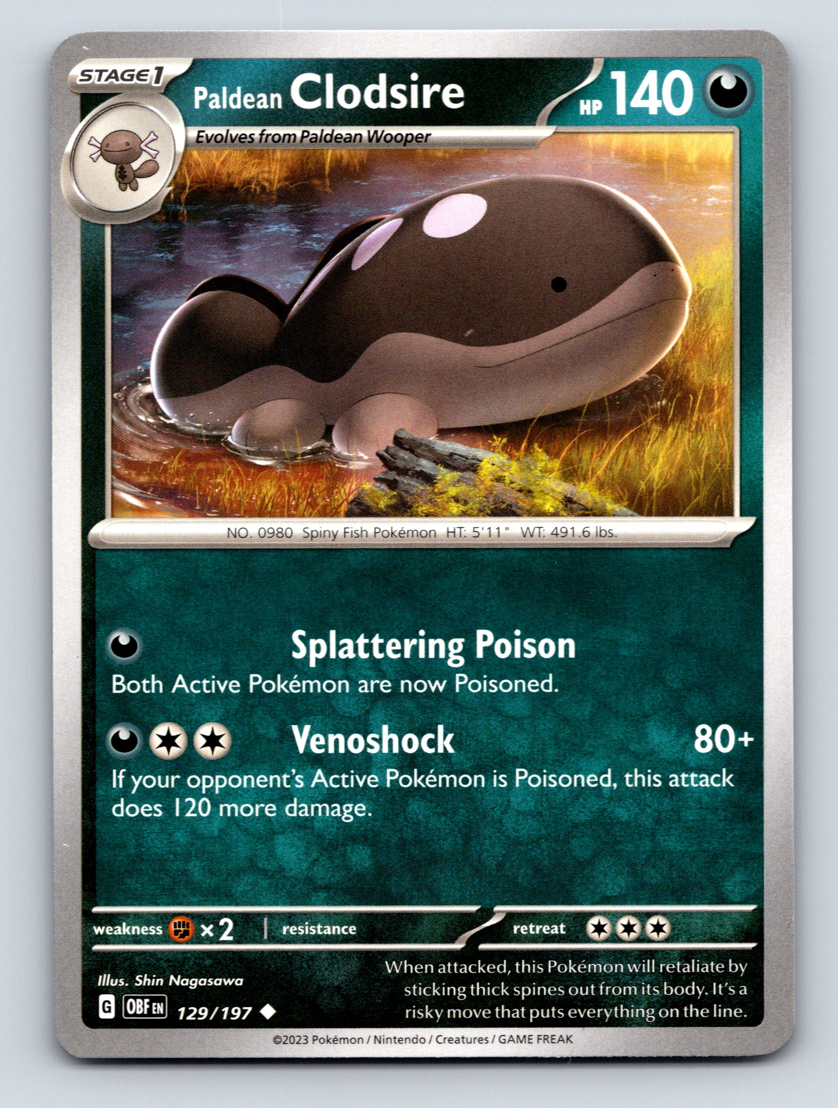 Stage 1 Paldean Clodsire HP 140 Venoshock Attack Rarity Green