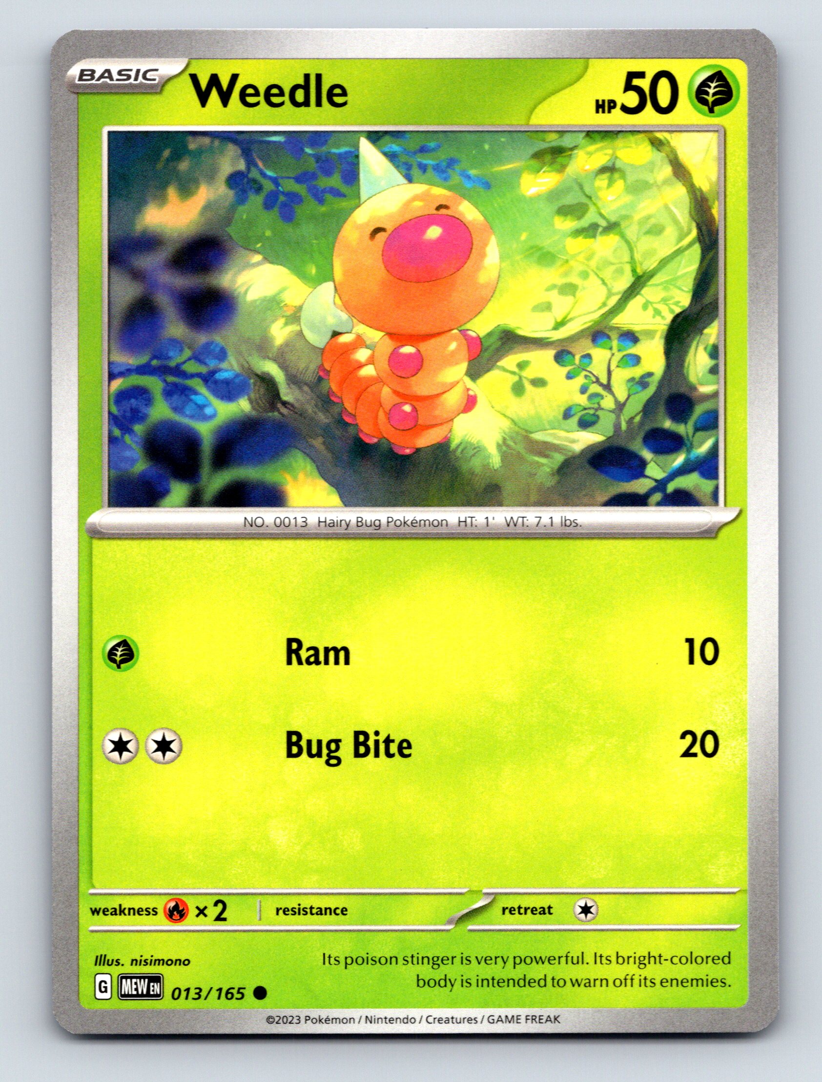 Pokémon Karte Basic Weedle HP 50 Ram Bug Bite Attack Green Lush - Bild 1 von 10