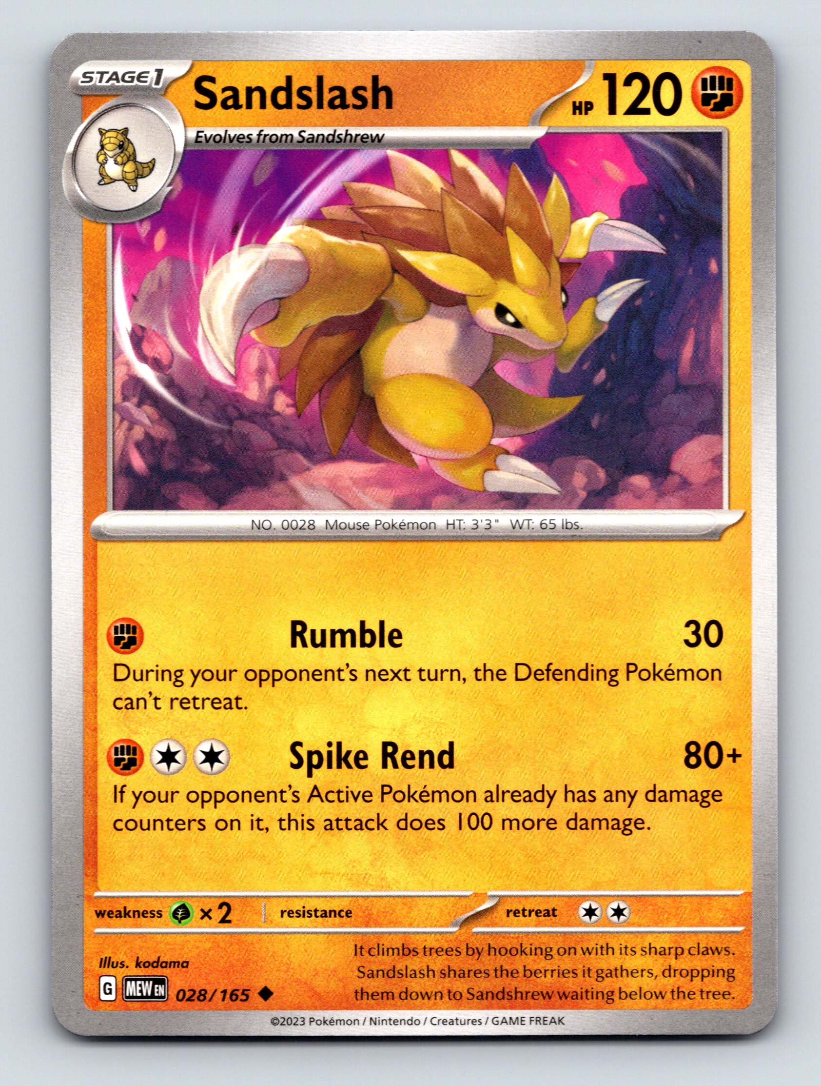 Stage 1 Sandslash HP 120 Rumble Attack Spike Rend Rarity Orange